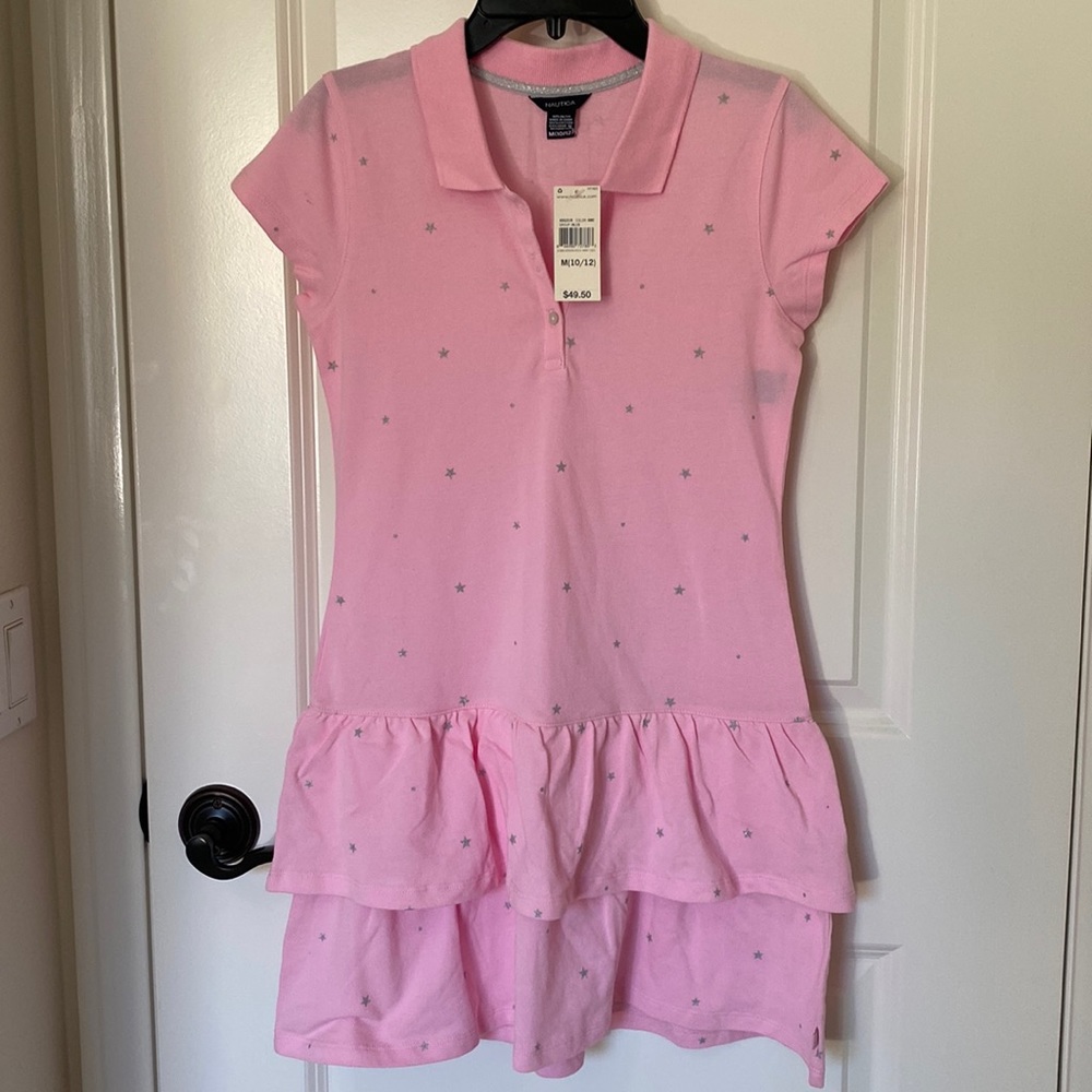 Nautica Girls Size M(10/12) Pink Drop Waist Collar Stars Dress NWT